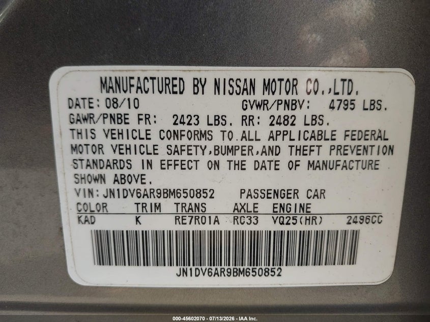2011 Infiniti G25 VIN JN1DV6AR9BM650852 IAAI salvage auction — NORMAL WEAR, Clear (Massachusetts), sold $425 on 2026-07-14 (photo 9)