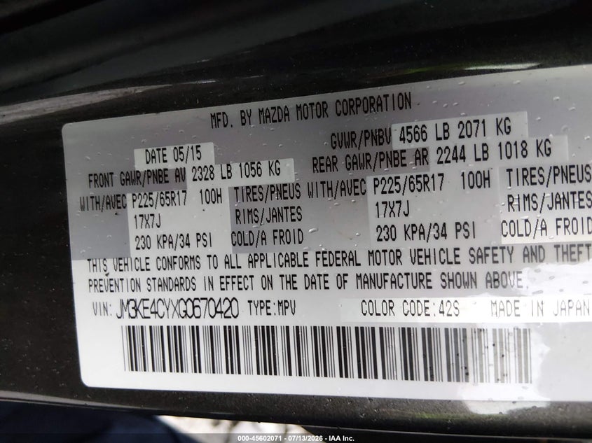 2016 Mazda Cx-5 VIN JM3KE4CYXG0670420 IAAI salvage auction — NORMAL WEAR, Original (West Virginia), sold $1,650 on 2026-07-22 (photo 9)