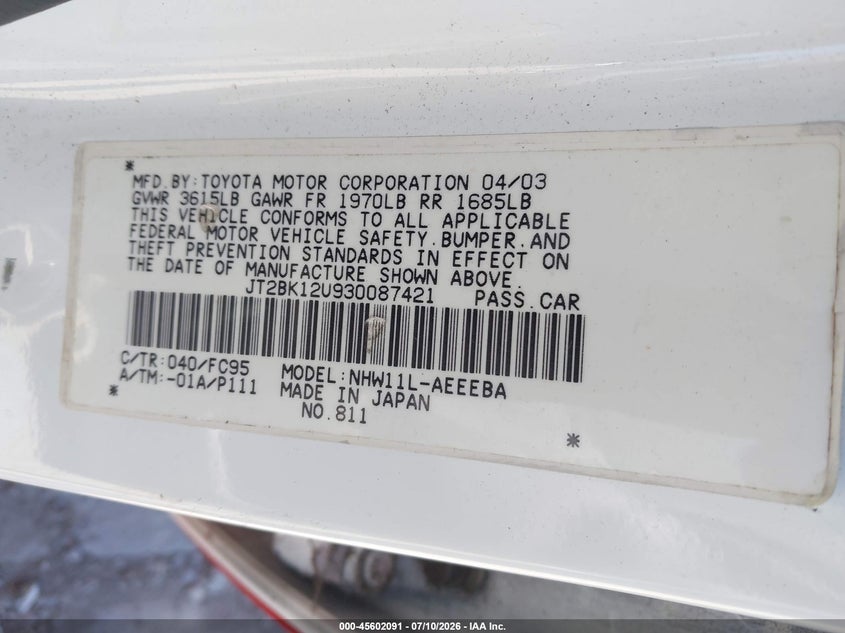 2003 Toyota Prius VIN JT2BK12U930087421 IAAI salvage auction — NORMAL WEAR, Salvage Title - Dealer (California), sold $375 on 2026-07-29 (photo 9)