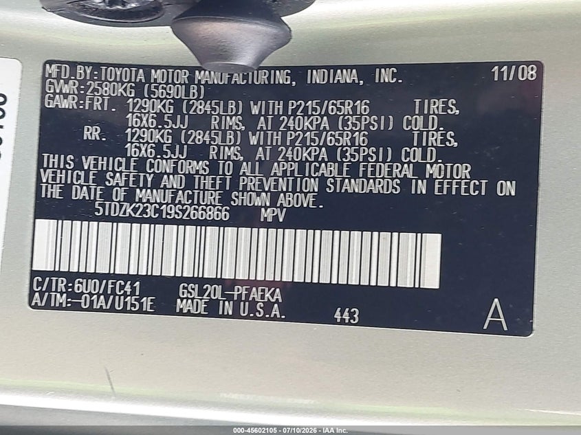 2009 Toyota Sienna VIN 5TDZK23C19S266866 IAAI salvage auction — NORMAL WEAR, Clear (Florida), sold $1,550 on 2026-07-13 (photo 9)