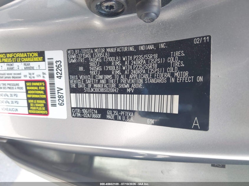2011 Toyota Sienna VIN 5TDJK3DC8BS020842 IAAI salvage auction — NORMAL WEAR, Clear (North Carolina), sold $25 on 2026-07-22 (photo 9)