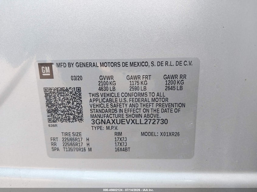 2020 Chevrolet Equinox VIN 3GNAXUEVXLL272730 IAAI salvage auction — REAR END, Mv-907A (New York), sold $2,650 on 2026-07-19 (photo 9)