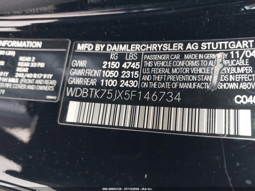 2005 Mercedes-benz Clk-klasse VIN WDBTK75JX5F146734 IAAI salvage auction — TRANSMISSION, Clear (Florida), sold $1,350 on 2026-07-15 (photo 9)