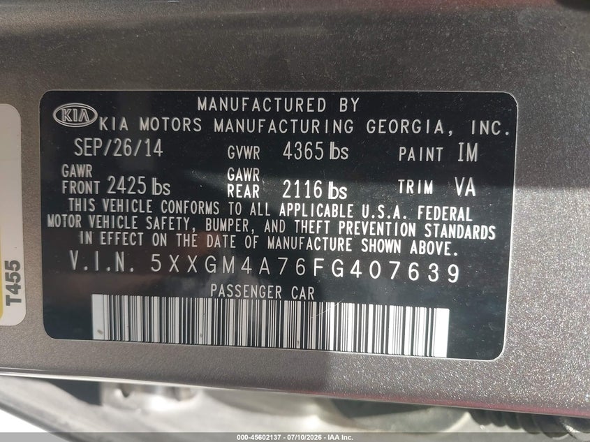 2015 Kia Optima VIN 5XXGM4A76FG407639 IAAI salvage auction — NORMAL WEAR, Salvage Title, sold $25 on 2026-07-21 (photo 9)
