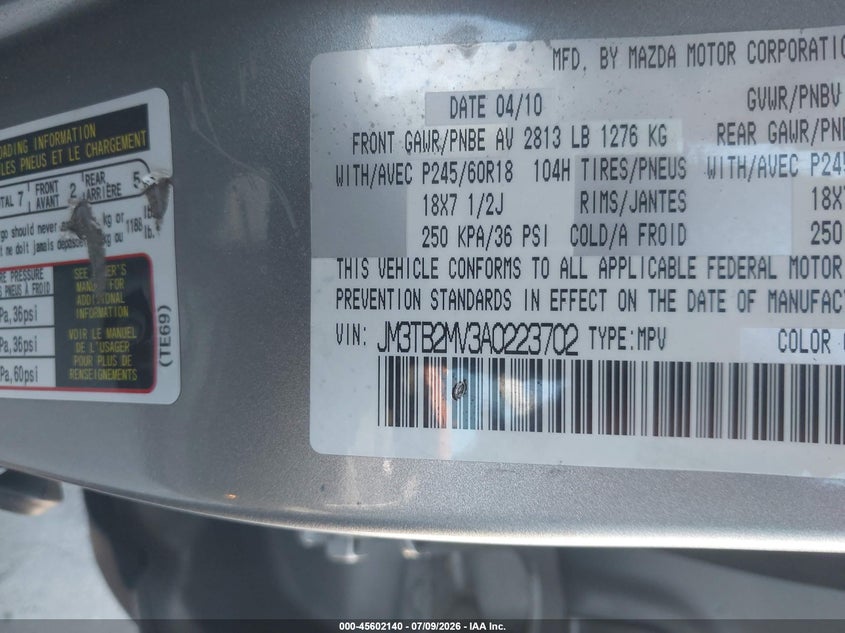 2010 Mazda Cx-9 VIN JM3TB2MV3A0223702 IAAI salvage auction — NORMAL WEAR, Clear - Dealer Only (California), sold $325 on 2026-07-29 (photo 9)