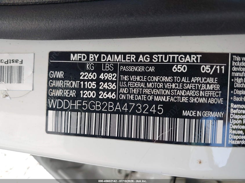 2011 Mercedes-benz E-klasse VIN WDDHF5GB2BA473245 IAAI salvage auction — FRONT END, Salvage (Mississippi), sold $700 on 2026-07-31 (photo 9)