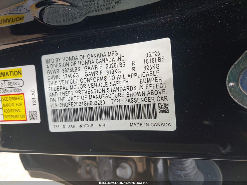 2025 Honda Civic VIN 2HGFE2F21SH602230 IAAI salvage auction — REAR END, Salvage Title, sold $8,100 on 2026-07-18 (photo 9)