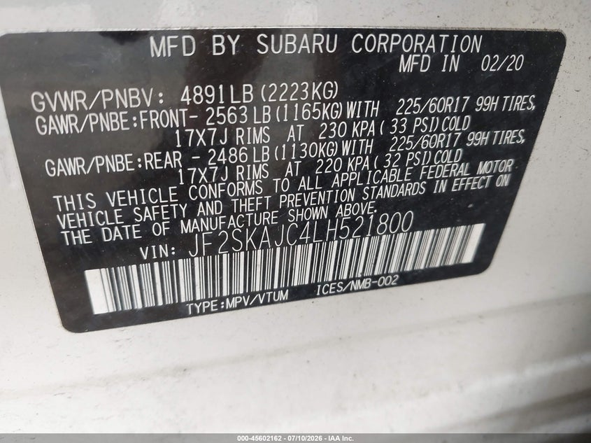 2020 Subaru Forester VIN JF2SKAJC4LH521800 IAAI salvage auction — STORM DAMAGE, Salvage Title, sold $2,600 on 2026-07-30 (photo 9)