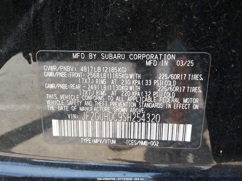 2025 Subaru Xv VIN JF2GUHDC9SH254320 IAAI salvage auction — REAR END, Clear (Nevada), sold $2,650 on 2026-07-28 (photo 9)