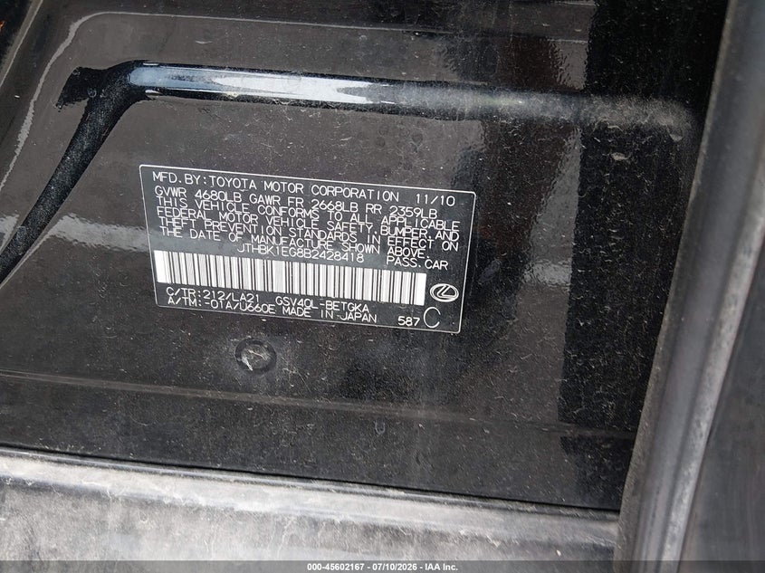 2011 Lexus ES VIN JTHBK1EG8B2428418 IAAI salvage auction — REAR END, Clear (Tennessee), sold $2,300 on 2026-07-29 (photo 9)