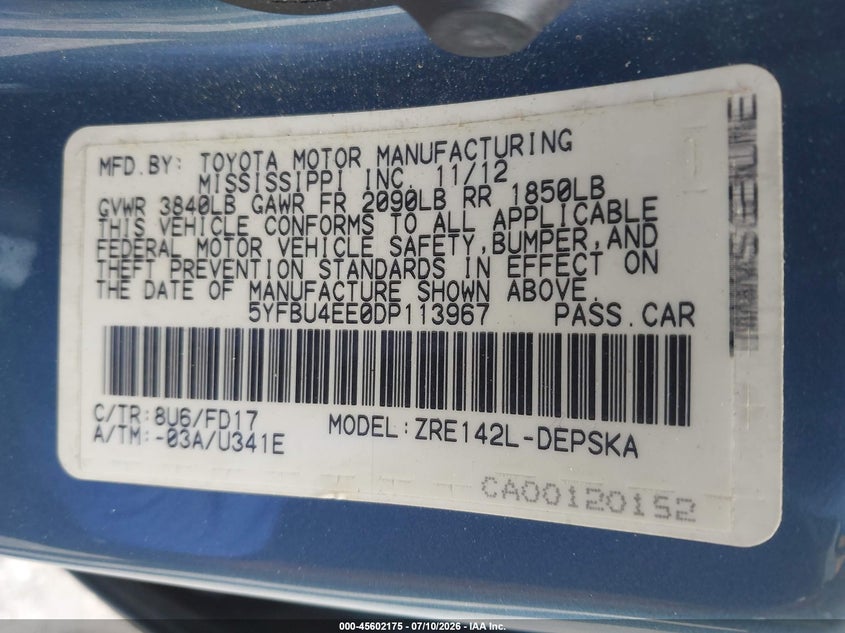 2013 Toyota Corolla VIN 5YFBU4EE0DP113967 IAAI salvage auction — NORMAL WEAR, Clear (Pennsylvania), sold $2,200 on 2026-07-24 (photo 9)