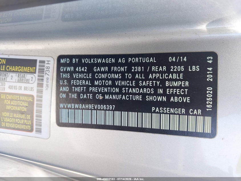 2014 Volkswagen Eos VIN WVWBW8AH9EV006397 IAAI salvage auction — NORMAL WEAR, Salvage Title, sold $125 on 2026-07-30 (photo 9)