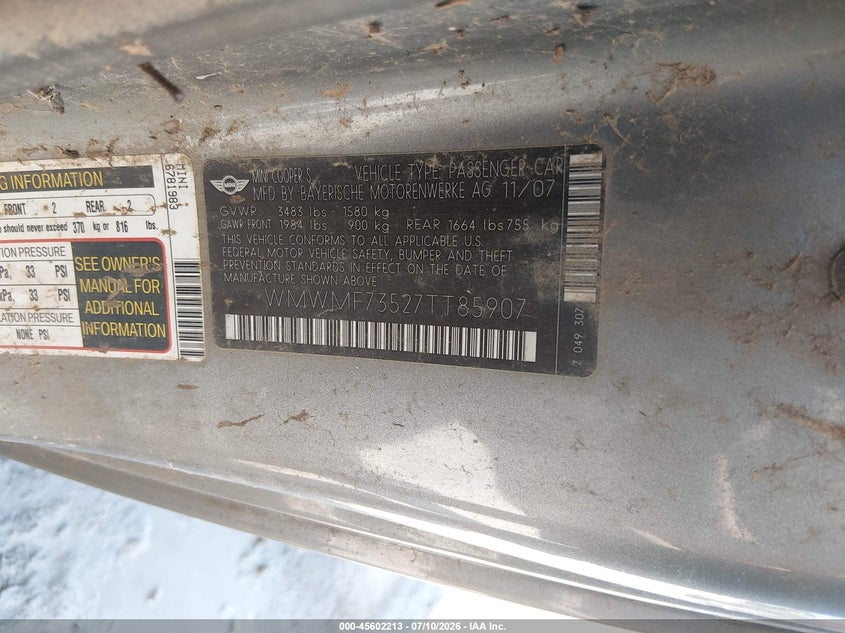 2007 Mini Cooper VIN WMWMF73527TT85907 IAAI salvage auction — FRESH WATER, Salvage (Kansas), sold $350 on 2026-08-14 (photo 9)