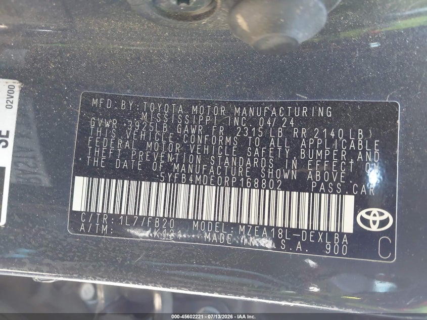 2024 Toyota Corolla VIN 5YFB4MDE0RP168802 IAAI salvage auction — REAR END, Enterprise Vehicles Clear Only (Washington), sold $10,000 on 2026-07-15 (photo 9)