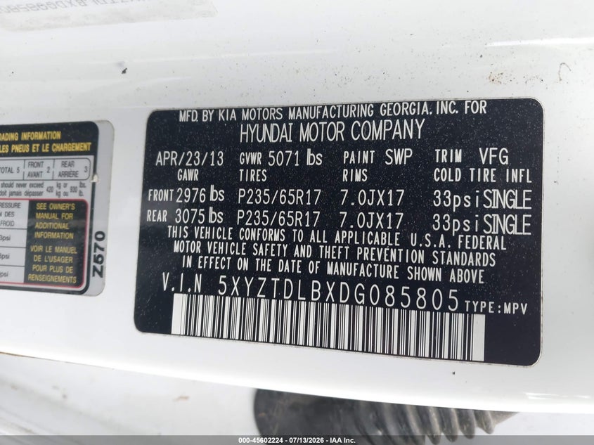 2013 Hyundai Santa fe VIN 5XYZTDLBXDG085805 IAAI salvage auction — NORMAL WEAR, Clear (Georgia), sold $1,125 on 2026-07-29 (photo 9)
