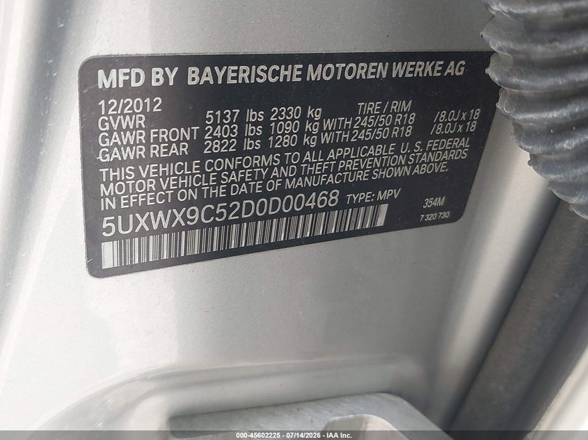 2013 BMW X3 VIN 5UXWX9C52D0D00468 IAAI salvage auction — NORMAL WEAR, Clear (Delaware), sold $225 on 2026-07-30 (photo 9)