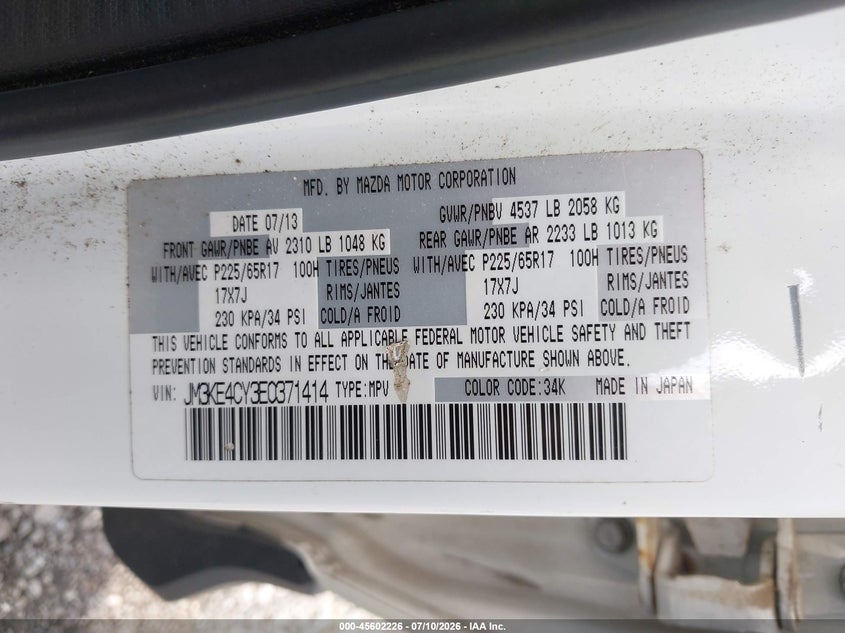 2014 Mazda Cx-5 VIN JM3KE4CY3E0371414 IAAI salvage auction — NORMAL WEAR, Salvage Title, sold $2,300 on 2026-07-15 (photo 9)