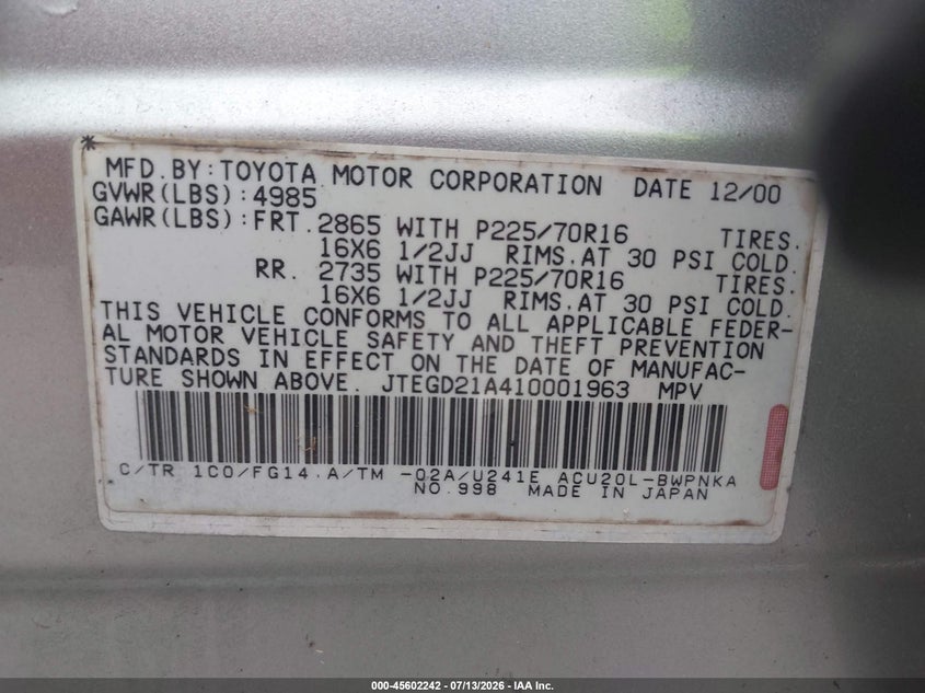 2001 Toyota Highlander VIN JTEGD21A410001963 IAAI salvage auction — NORMAL WEAR, Clear (Alabama), sold $725 on 2026-07-15 (photo 9)
