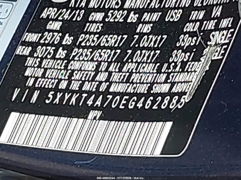 2014 Kia Sorento VIN 5XYKT4A70EG462885 IAAI salvage auction — NORMAL WEAR, Clear (Connecticut), sold $825 on 2026-07-16 (photo 9)