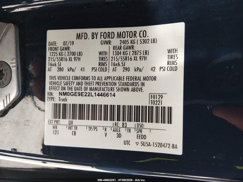 2020 Ford Transit connect VIN NM0GE9E22L1446614 IAAI salvage auction — NORMAL WEAR, Sf97 (California), sold $12,600 on 2026-08-27 (photo 9)