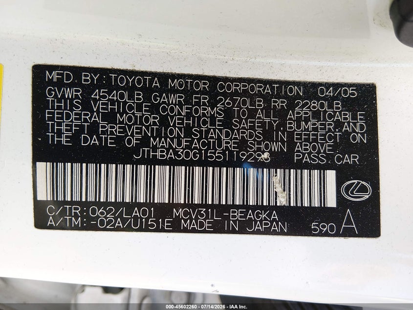2005 Lexus ES VIN JTHBA30G155119298 IAAI salvage auction — NORMAL WEAR, Clear (Florida), sold $750 on 2026-07-20 (photo 9)