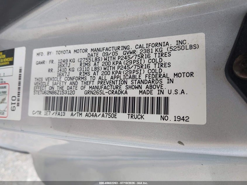 2006 Toyota Tacoma VIN 5TETU62N86Z153120 IAAI salvage auction — NORMAL WEAR, Clear (Virginia), sold $625 on 2026-07-21 (photo 9)