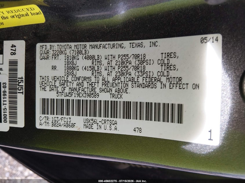 2014 Toyota Tundra VIN 5TFUW5F19EX390589 IAAI salvage auction — FRONT END, Salvage (Arkansas), sold $8,400 on 2026-08-02 (photo 9)