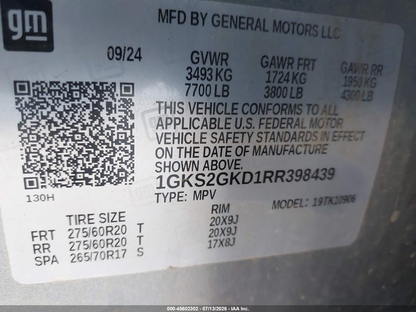 2024 Gmc Yukon VIN 1GKS2GKD1RR398439 IAAI salvage auction — HAIL, Regular (South Dakota), sold $23,175 on 2026-10-06 (photo 9)