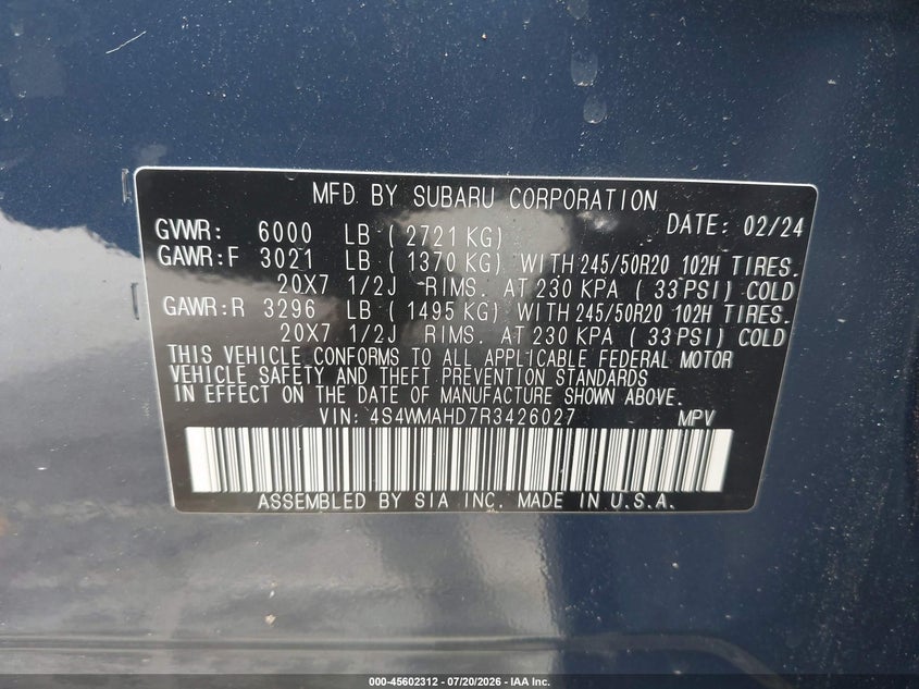 2024 Subaru Ascent VIN 4S4WMAHD7R3426027 IAAI salvage auction — LEFT FRONT, Salvage Title, sold $21,725 on 2026-08-24 (photo 9)