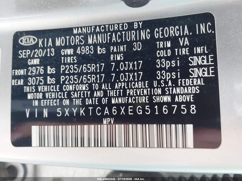 2014 Kia Sorento VIN 5XYKTCA6XEG516758 IAAI salvage auction — NORMAL WEAR, Salvage Title, sold $800 on 2026-07-23 (photo 9)