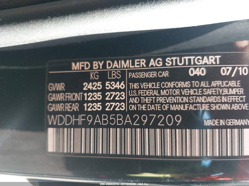 2011 Mercedes-benz E-class VIN WDDHF9AB5BA297209 IAAI salvage auction — NORMAL WEAR, Clear (Virginia), sold $1,050 on 2026-07-29 (photo 9)