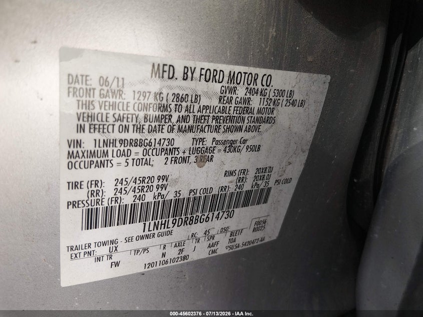 2011 Lincoln Mks VIN 1LNHL9DR8BG614730 IAAI salvage auction — LEFT SIDE, Salvage (Ohio), sold $500 on 2026-09-02 (photo 9)