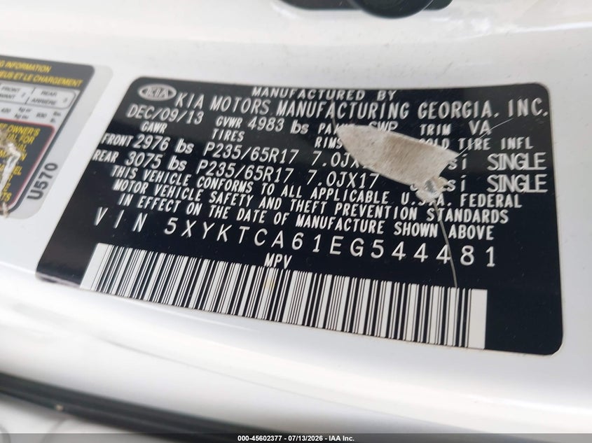 2014 Kia Sorento VIN 5XYKTCA61EG544481 IAAI salvage auction — NORMAL WEAR, Clear (New York), sold $675 on 2026-07-28 (photo 9)