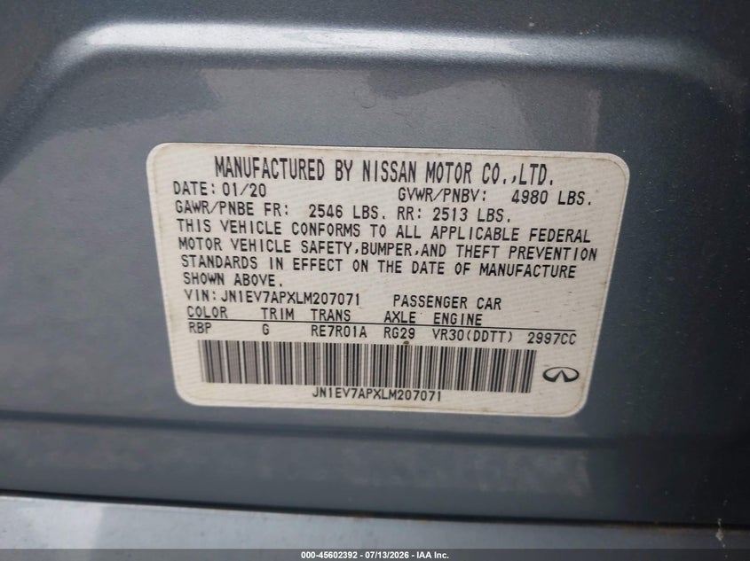 2020 Infiniti Q50 VIN JN1EV7APXLM207071 IAAI salvage auction — NORMAL WEAR, Clear (Florida), sold $25 on 2026-07-30 (photo 9)