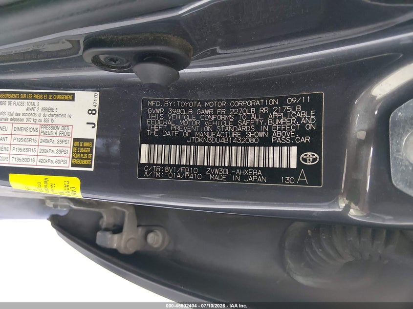 2011 Toyota Prius VIN JTDKN3DU4B1432080 IAAI salvage auction — NORMAL WEAR, Clear (Florida), sold $775 on 2026-07-29 (photo 9)