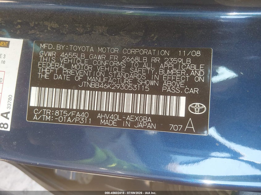 2009 Toyota Camry hybrid VIN JTNBB46K293053115 IAAI salvage auction — NORMAL WEAR, Clear-Dealer Only (Arizona), sold $525 on 2026-07-28 (photo 9)