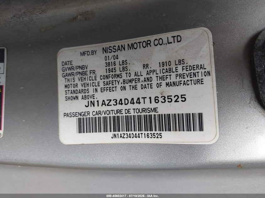 2004 Nissan 350z VIN JN1AZ34D44T163525 IAAI salvage auction — NORMAL WEAR, Clear (New Jersey), sold $1,000 on 2026-07-29 (photo 9)