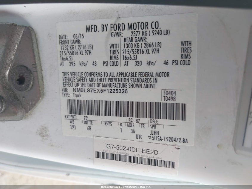 2015 Ford Transit VIN NM0LS7EX5F1225326 IAAI salvage auction — NORMAL WEAR, Salvage Title, sold $4,050 on 2026-07-17 (photo 9)