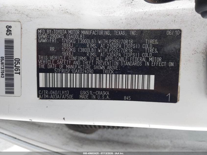 2010 Toyota Tundra VIN 5TFRU5F10AX024090 IAAI salvage auction — LEFT REAR, Salvage (California), sold $1,700 on 2026-07-23 (photo 9)