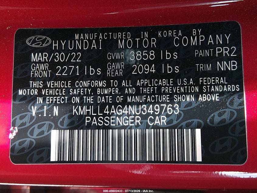2022 Hyundai Elantra VIN KMHLL4AG4NU349763 IAAI salvage auction — FRONT END, Salvage Title, sold $3,300 on 2026-08-02 (photo 9)