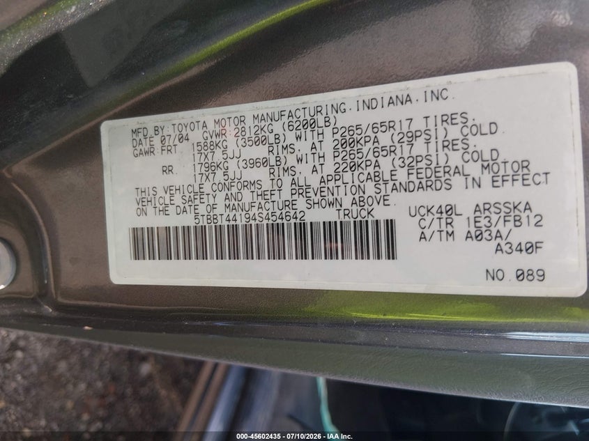 2004 Toyota Tundra VIN 5TBBT44194S454642 IAAI salvage auction — LEFT FRONT, Salvage (Ohio), sold $1,350 on 2026-07-29 (photo 9)