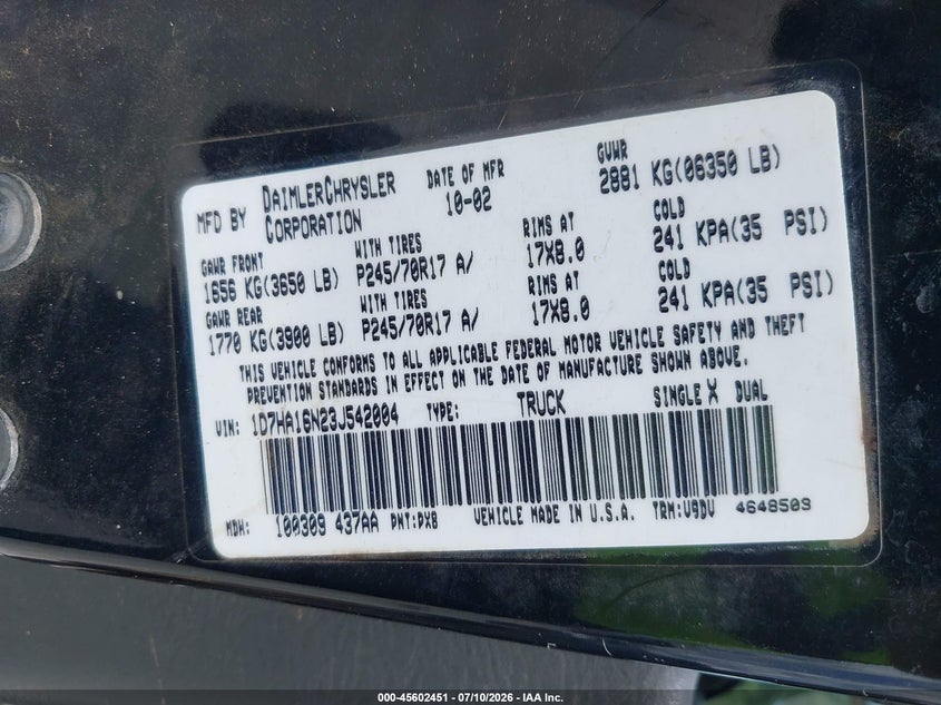 2003 Dodge Ram 1500 VIN 1D7HA16N23J542004 IAAI salvage auction — LEFT SIDE, Rebuildable (Florida), sold $650 on 2026-08-10 (photo 9)