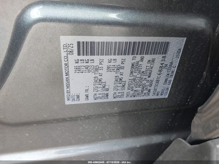 2026 Nissan Rogue VIN 5N1BT3CB8TC688438 IAAI salvage auction — RIGHT FRONT, Enterprise Vehicles Clear Only (California), sold $8,500 on 2026-07-30 (photo 9)