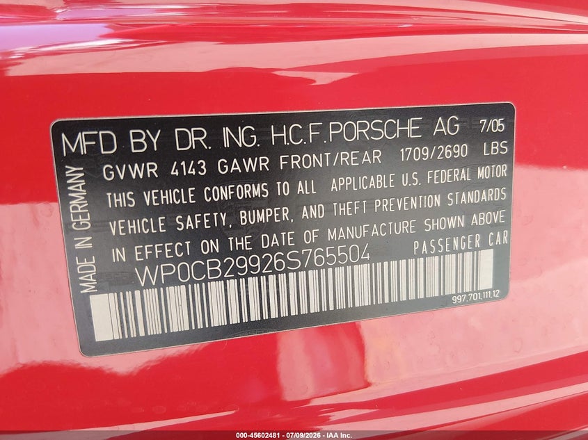 2006 Porsche 911 VIN WP0CB29926S765504 IAAI salvage auction — UNKNOWN, Salvage Title - Dealer (California), sold $20,475 on 2026-07-29 (photo 9)