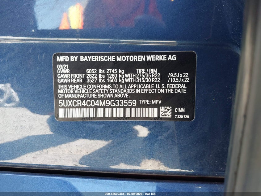 2021 BMW X5 VIN 5UXCR4C04M9G33559 IAAI salvage auction — LEFT SIDE, Salvage Title, sold $28,750 on 2026-07-29 (photo 9)