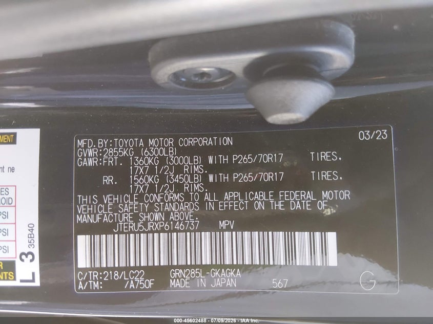 2023 Toyota 4runner VIN JTERU5JRXP6146737 IAAI salvage auction — FRONT END, Salvage (California), sold $17,850 on 2026-07-29 (photo 9)
