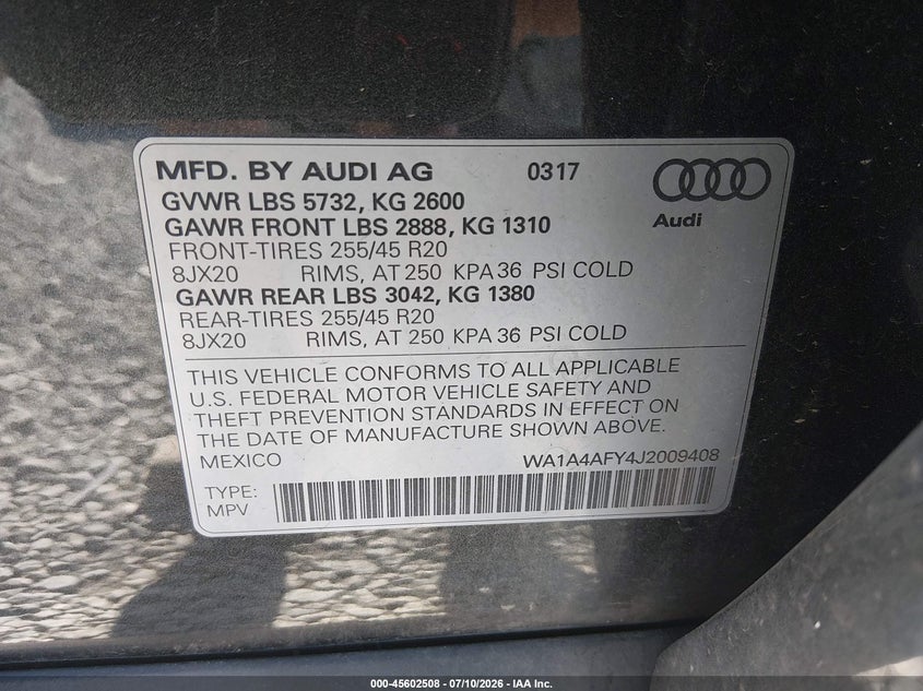 2018 Audi Sq5 VIN WA1A4AFY4J2009408 IAAI salvage auction — FRONT END, Salvage Title, sold $9,350 on 2026-08-12 (photo 9)