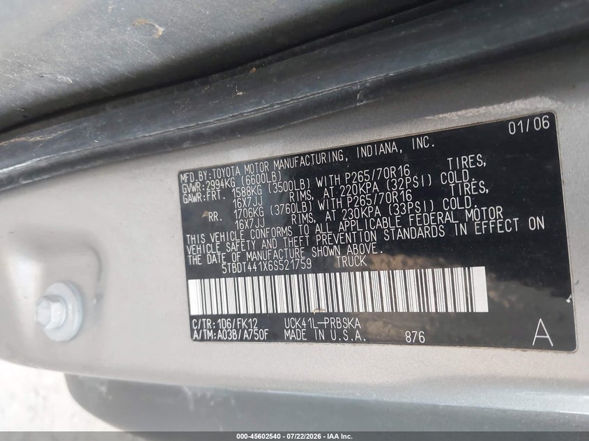 2006 Toyota Tundra VIN 5TBDT441X6S521759 IAAI salvage auction — NORMAL WEAR, Clear-Dealer Only (North Carolina), sold $350 on 2026-07-27 (photo 9)