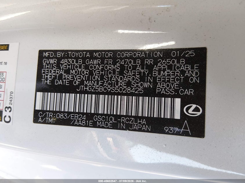 2025 Lexus Rc VIN JTHGZ5BC9S5028425 IAAI salvage auction — FRONT END, Salvage Title, sold $18,800 on 2026-07-22 (photo 9)