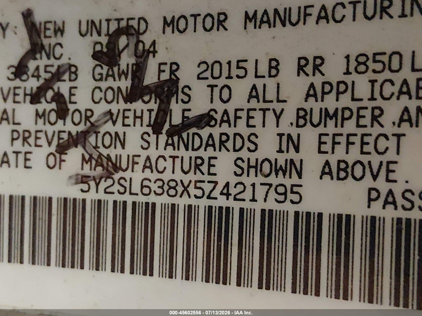2005 Pontiac Vibe VIN 5Y2SL638X5Z421795 IAAI salvage auction — NORMAL WEAR, Clear (Louisiana), sold $1,225 on 2026-07-20 (photo 9)
